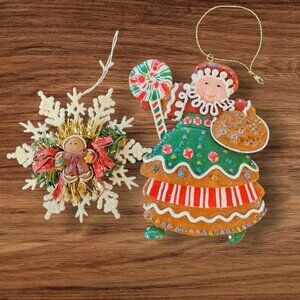 Set of 2  Ornaments VTG Andrea Mistretta-Mrs Claus & Gingerbread Baby-unbranded